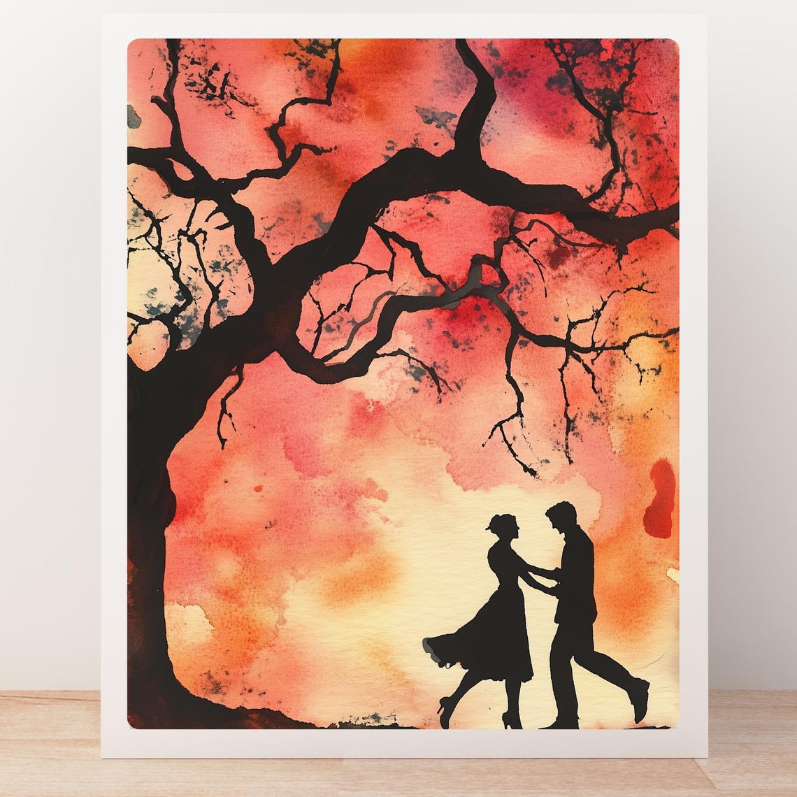 Red Silhouette Couple Art Tree Dance Painting Romantic Scene Decor Sunset Sky Wall Print Couple Art Print Anniversary Print - Image 4