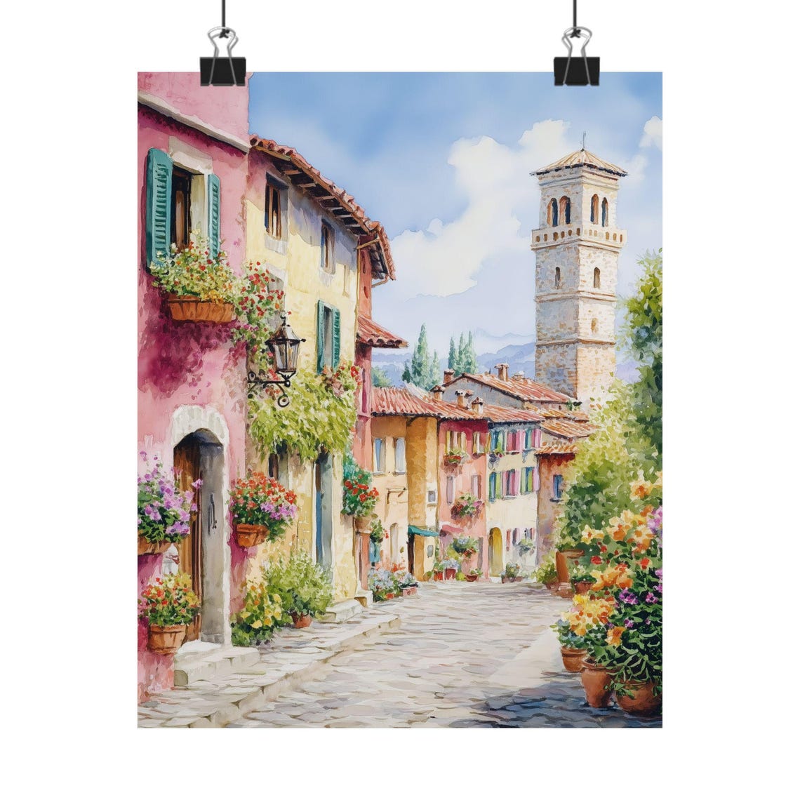 Colorful Italian Village Street with Bell Tower Watercolor Poster