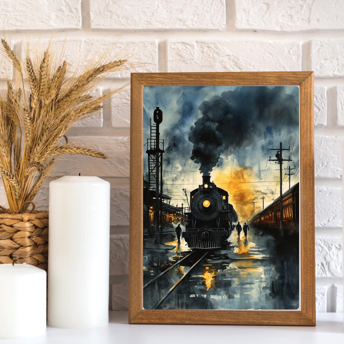Steam Locomotive Departing a Rainy Night Railway Station Poster - Image 3