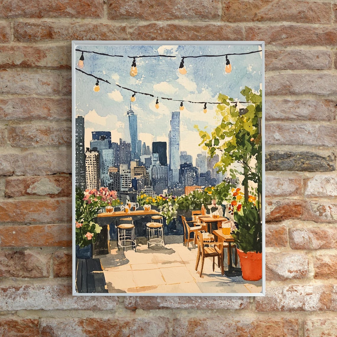 New York City Rooftop Bar with Skyline and String Lights Poster - Image 2