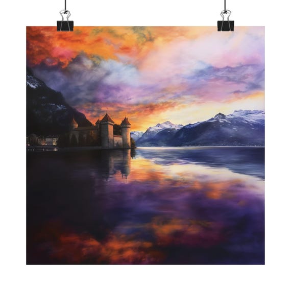 Lake Geneva Sunset Gouache Painting Chillon Castle Purple Orange Sky Alps Montreux Medieval Fortress Wall Art Print Home Decor