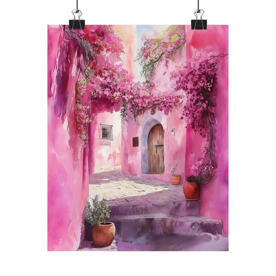 Pink Alleyway Art Print Colorful Watercolor Painting Mediterranean Architecture Wall Decor Floral Street Scene Art Exotic Print