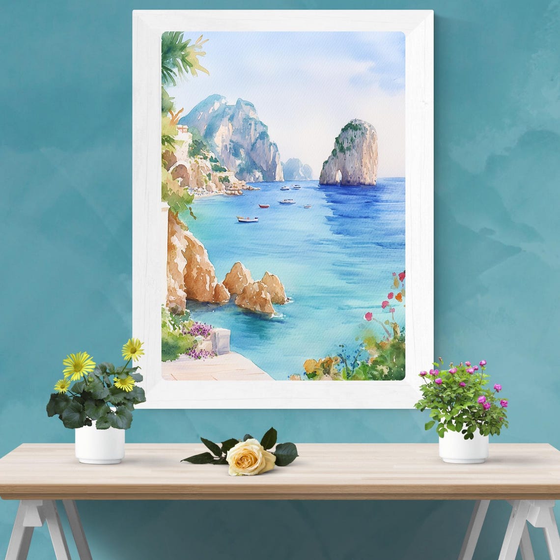 Capri Italy Faraglioni Rocks Turquoise Sea Watercolor Poster - Image 3