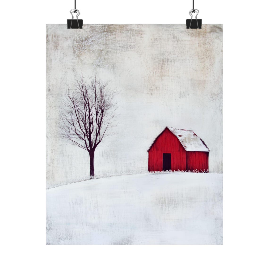 Red Barn in Snow with Lone Bare Tree Minimalist Winter Art Print