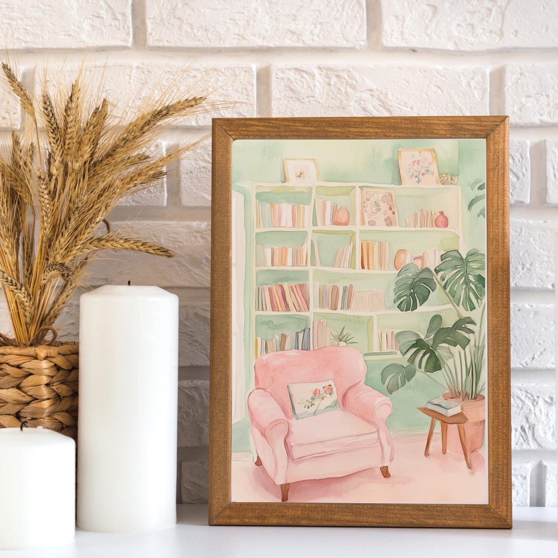 Cozy Pink Reading Nook with Armchair and White Bookshelf Poster - Image 3