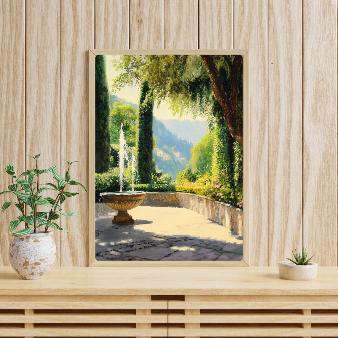 Sunlit Italian Garden Fountain Terrace Cypress Trees Oil Poster - Image 3