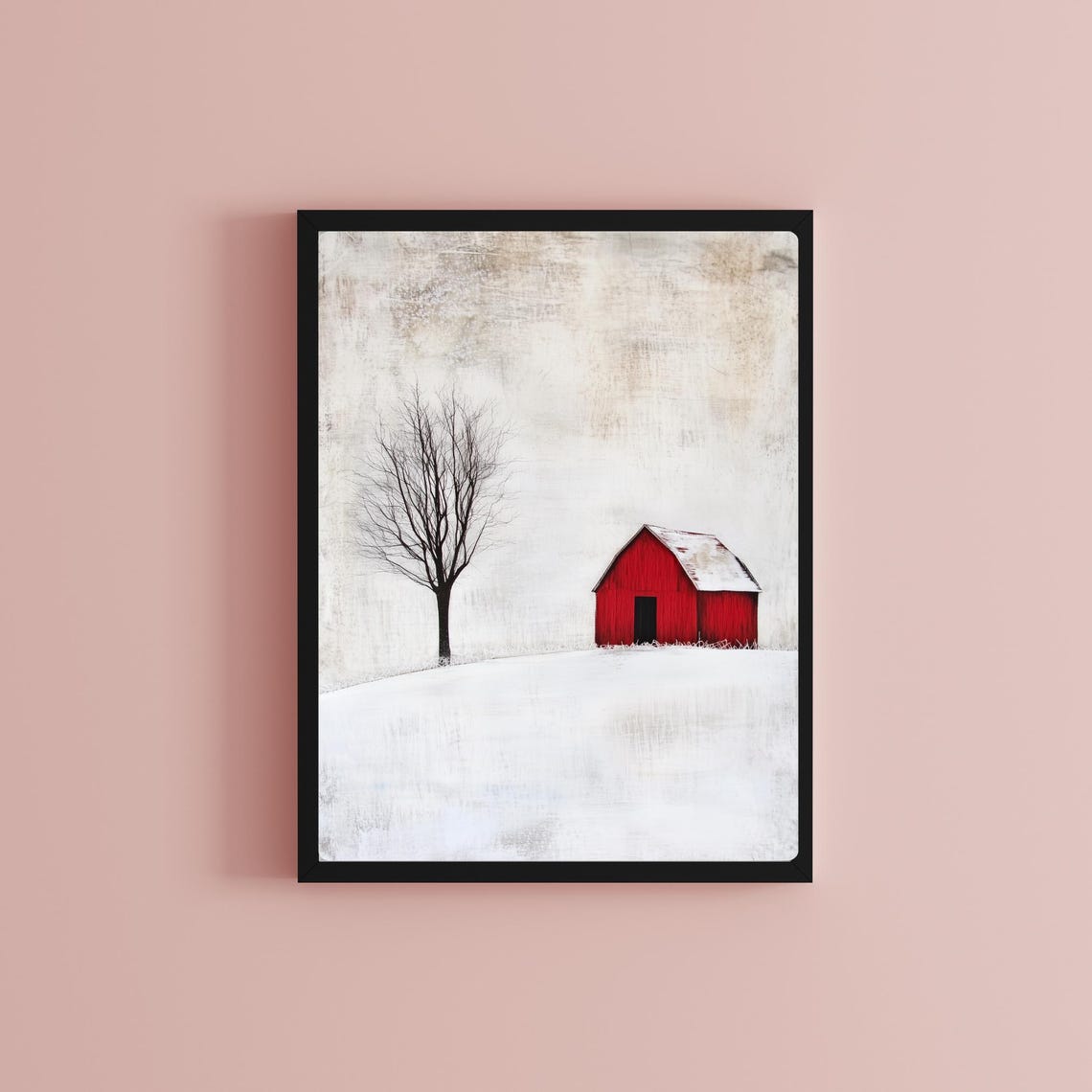 Red Barn in Snow with Lone Bare Tree Minimalist Winter Art Print - Image 2