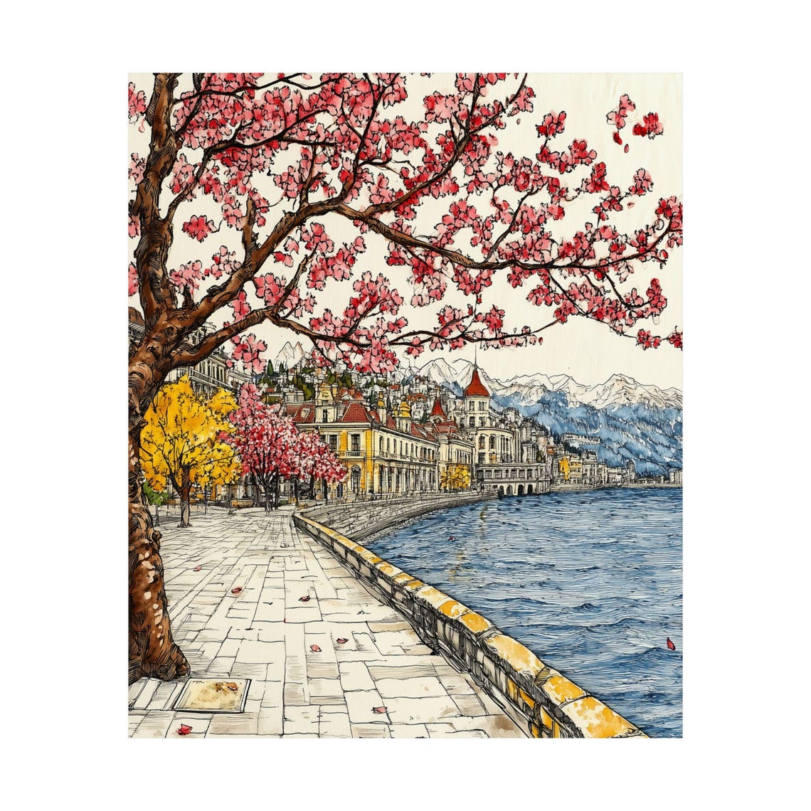 Lake Geneva Cherry Blossoms Promenade Montreux Ink Watercolor Poster - Image 5