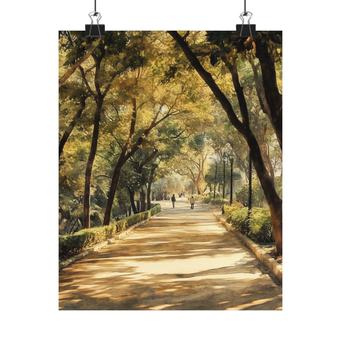 Sun-Dappled Tree-Lined Pathway Through a Quiet Green Park Poster