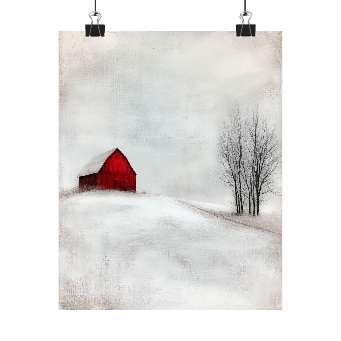 Red Barn Winter Art Print, Rustic Americana Decor