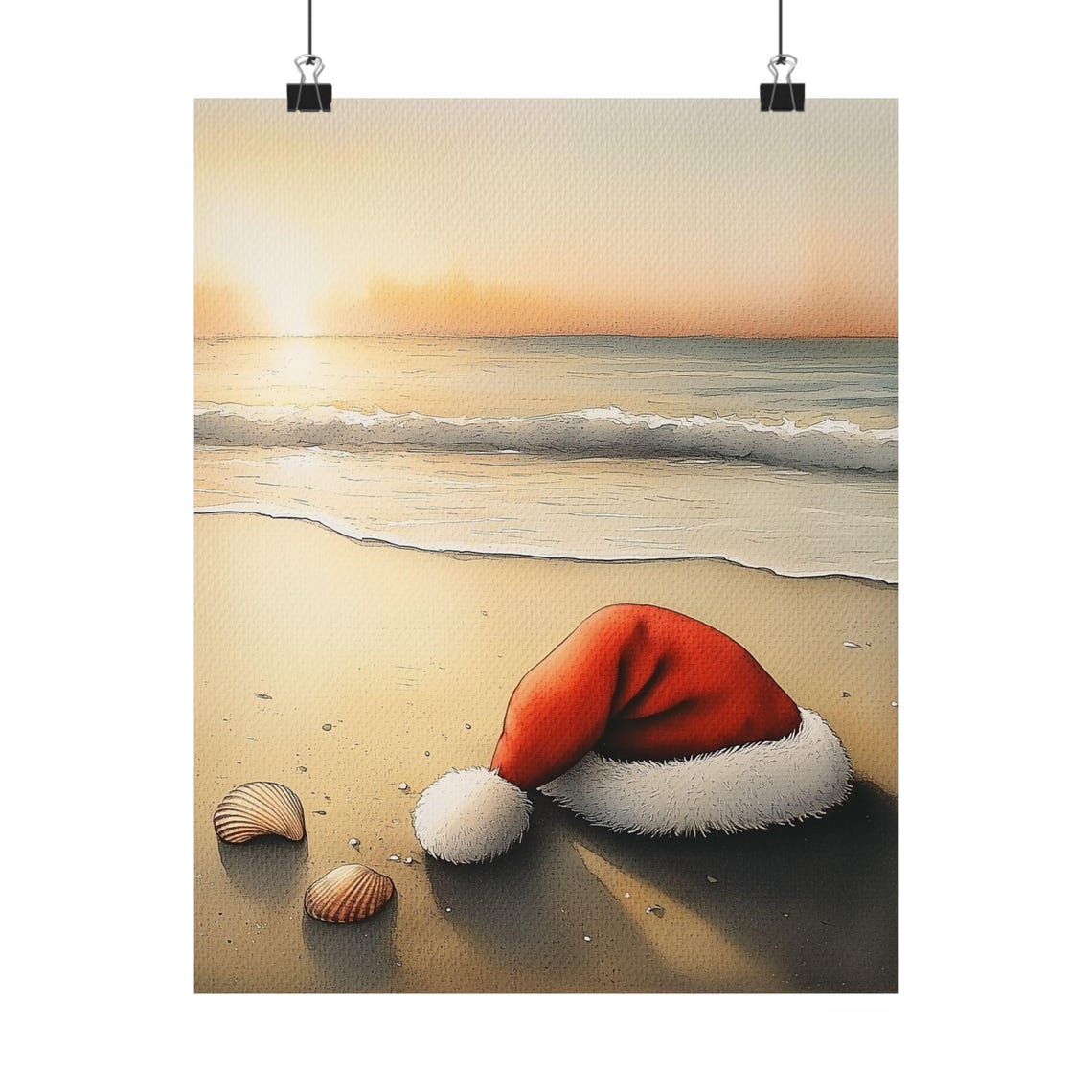 Santa Hat on Beach at Sunrise with Seashells Watercolor Poster