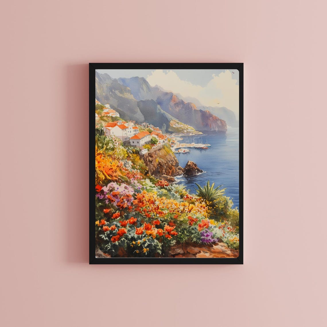 Madeira Cliffside Coastal Town Watercolor Portugal Travel Poster - Image 2