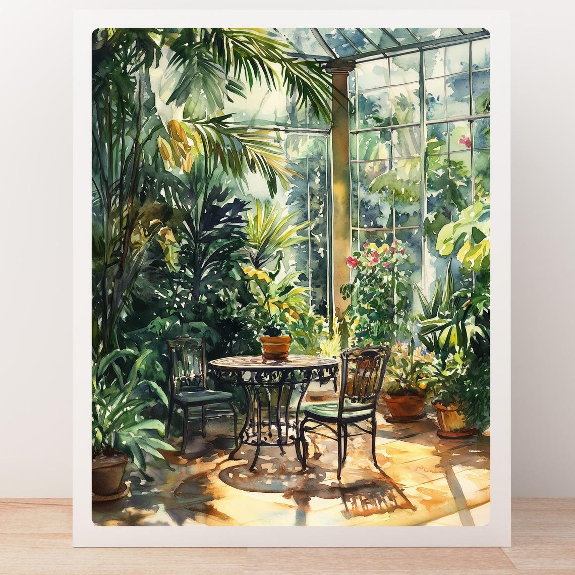 Sunlit Greenhouse Conservatory with Table Chairs Watercolor Poster - Image 5