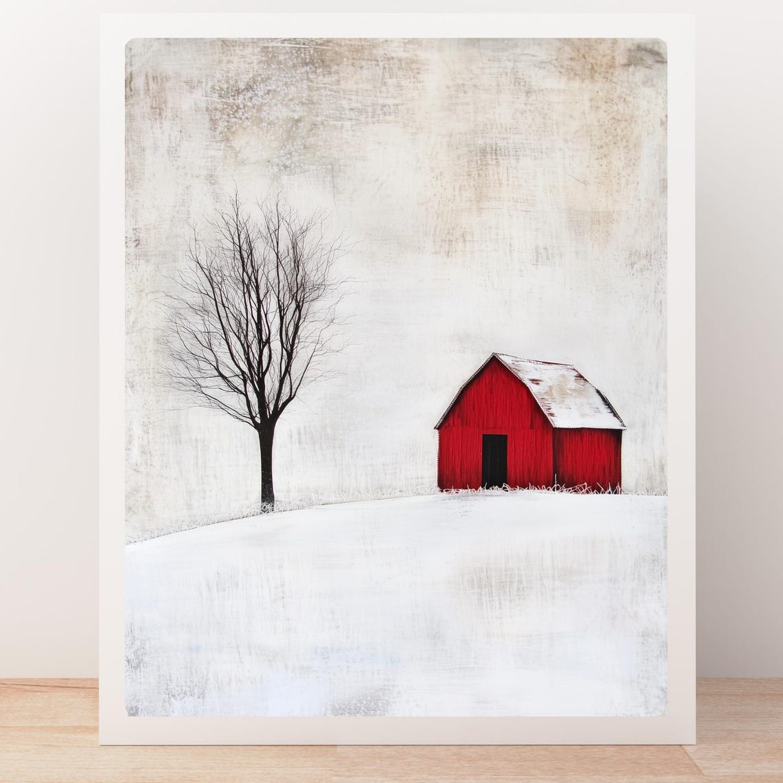 Red Barn in Snow with Lone Bare Tree Minimalist Winter Art Print - Image 5