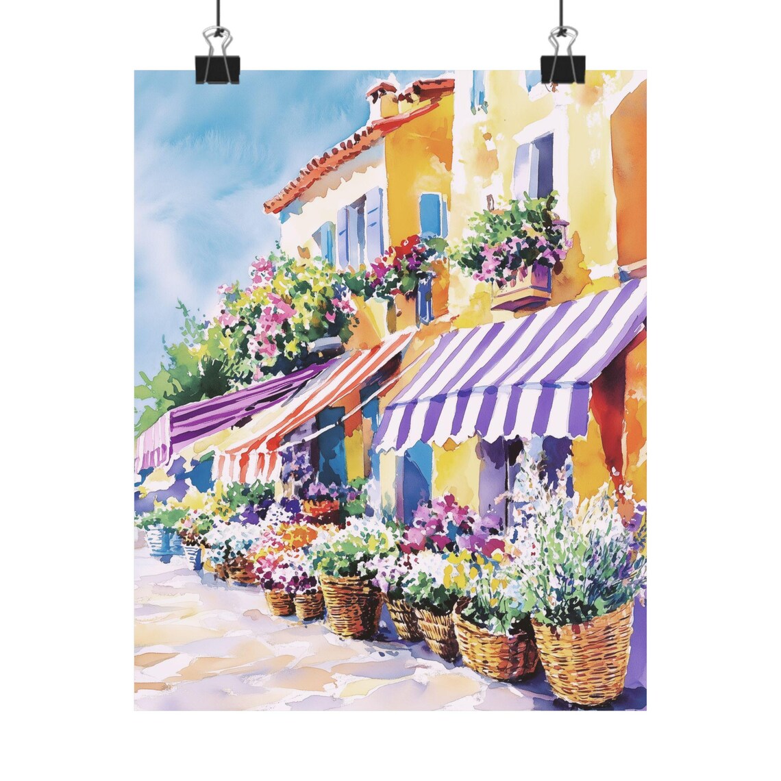 French Flower Market Watercolor Striped Awning Summer Street Poster