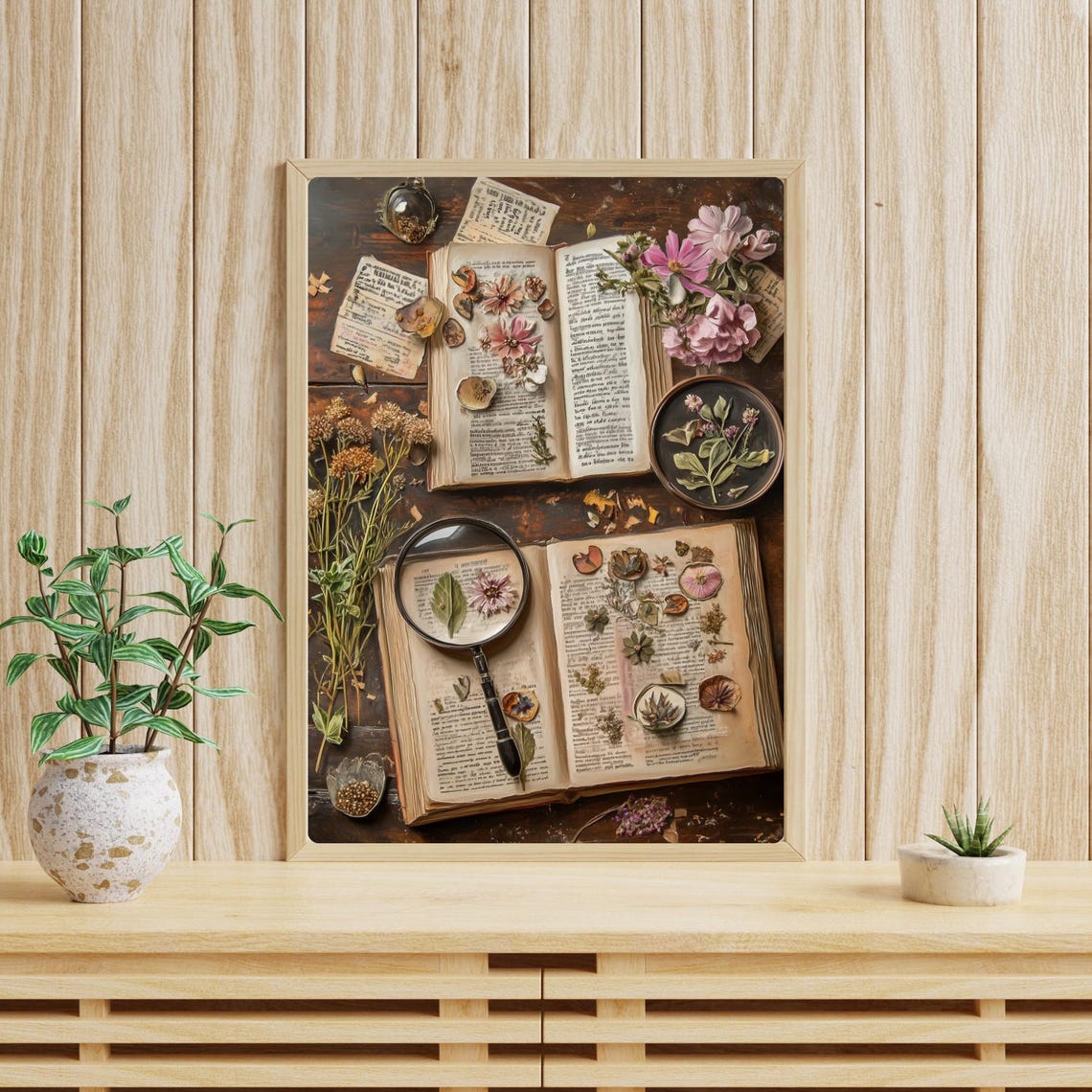 Vintage Botanical Herbarium with Pressed Flowers Open Books Poster - Image 4