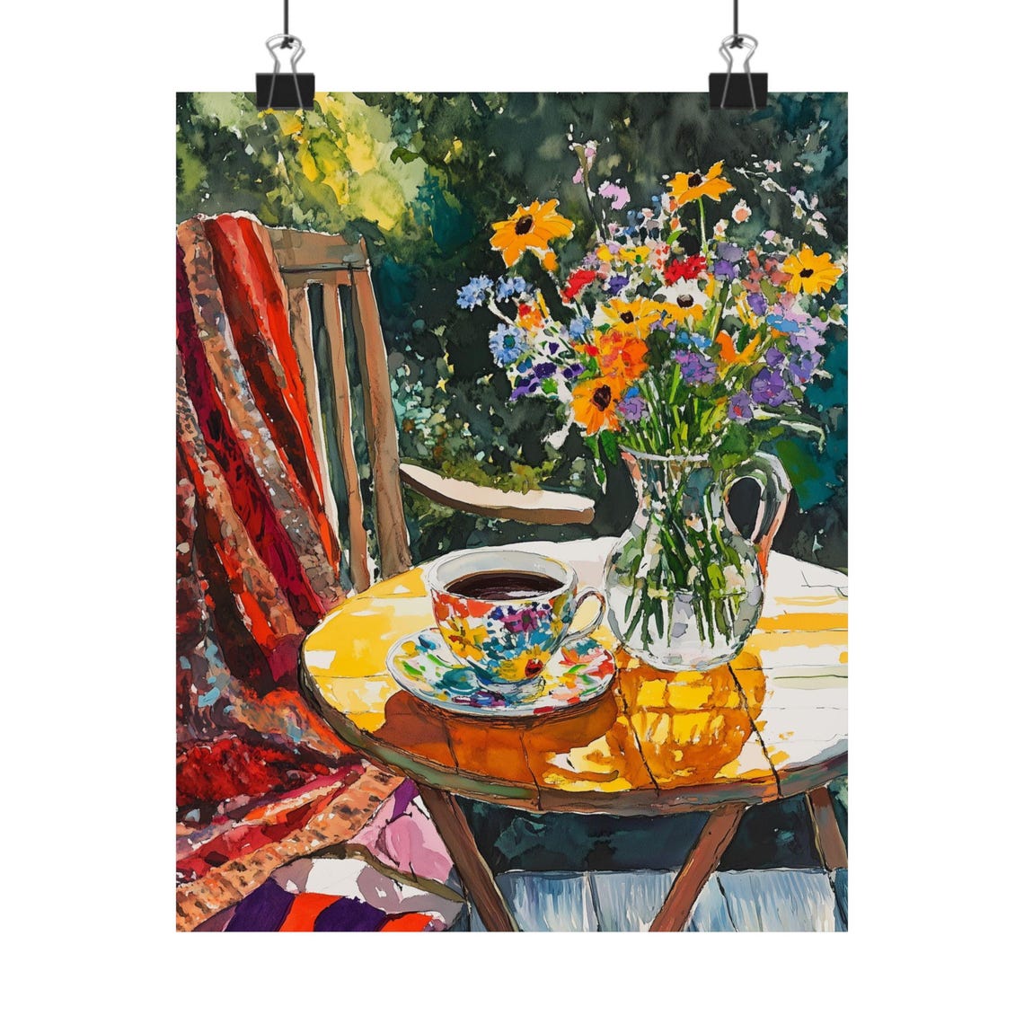 Garden Coffee Cup And Wildflower Bouquet Watercolor Art Poster