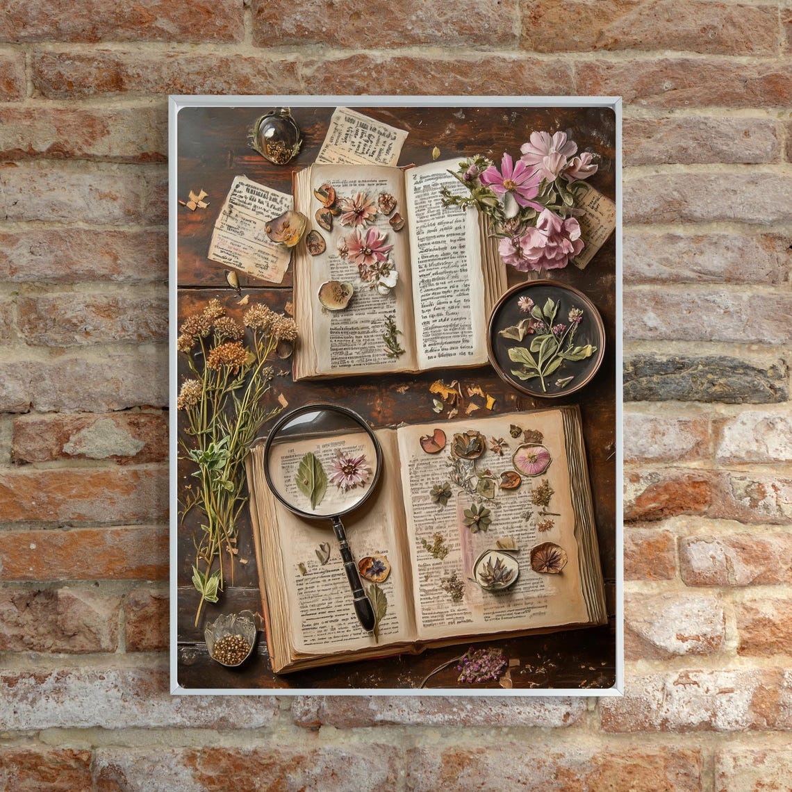 Vintage Botanical Herbarium with Pressed Flowers Open Books Poster - Image 6