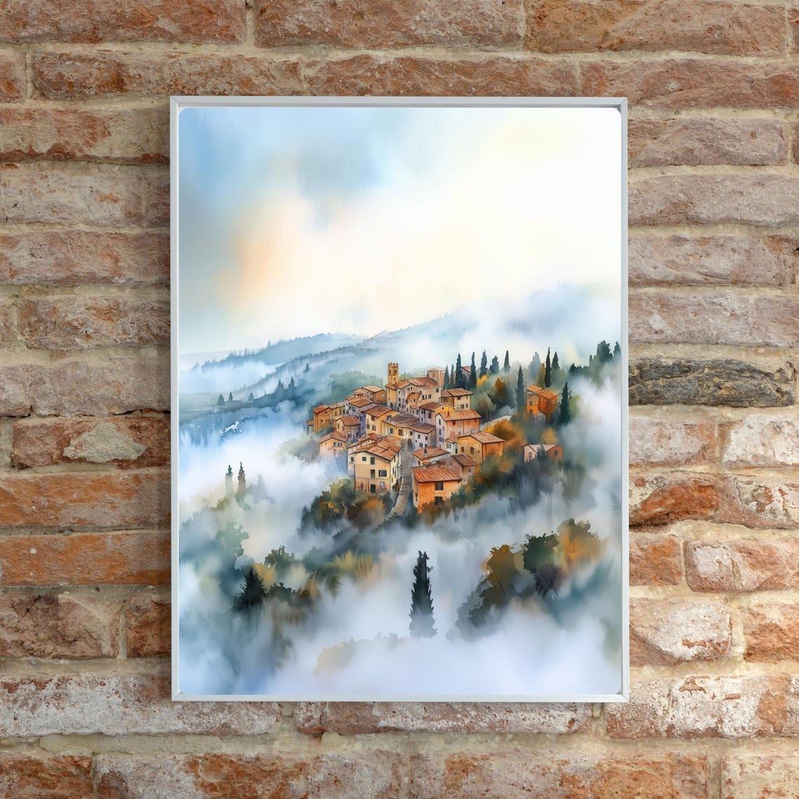 Foggy Italian Hill Town Misty Morning Village Watercolor Poster - Image 6