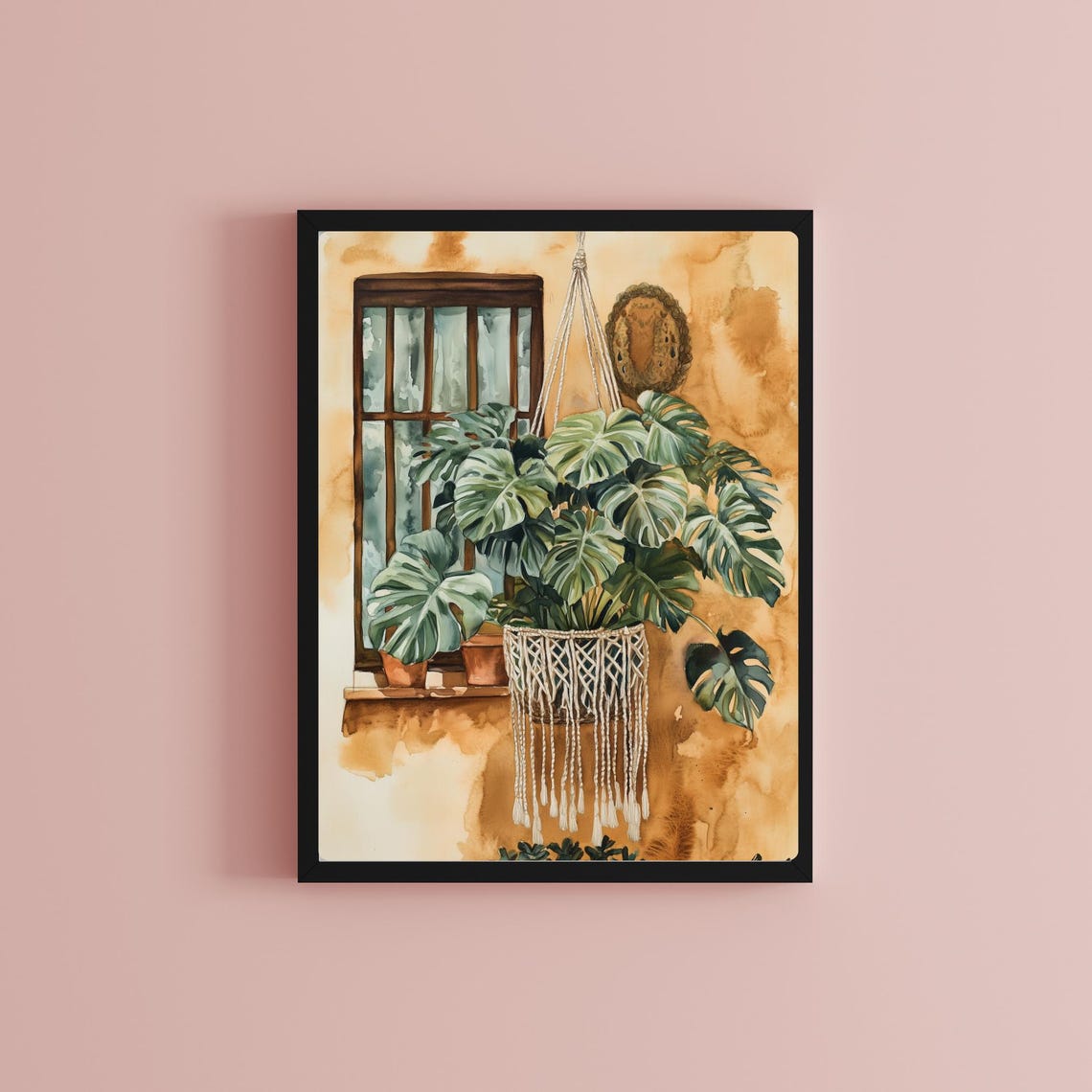 Monstera in a Macrame Hanging Planter by a Rustic Window Poster - Image 2