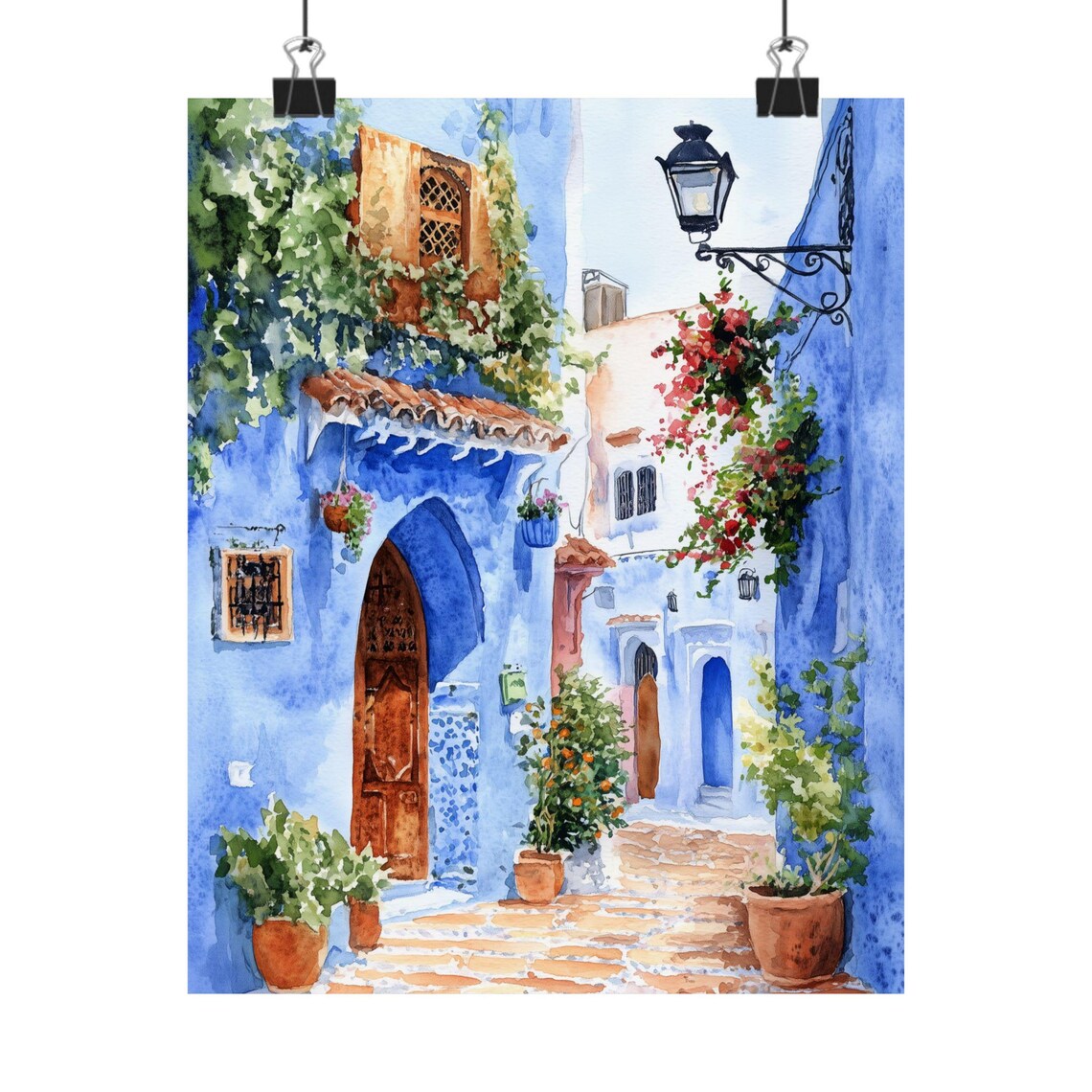 Chefchaouen Morocco Blue Street with Flowers Watercolor Poster