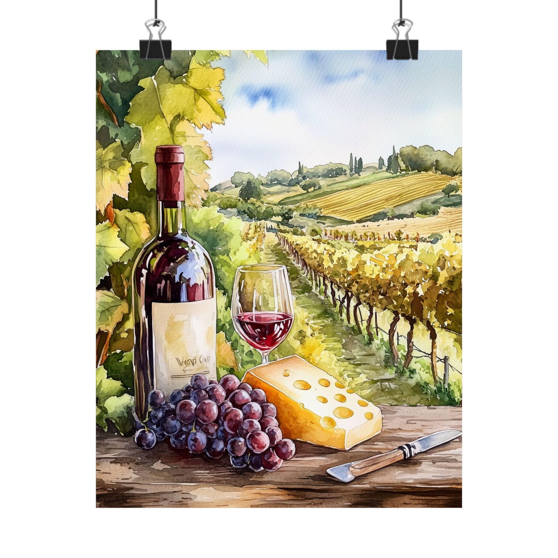 Vineyard Wine Bottle Cheese Grapes Still Life Watercolor Poster