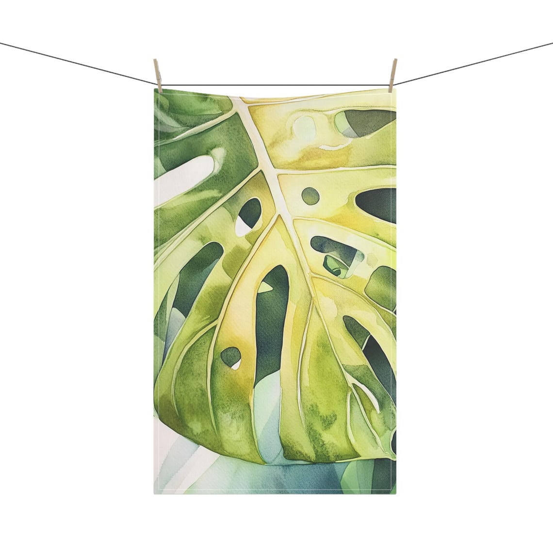 Monstera Leaf Watercolor Botanical Art on a Kitchen Tea Towel Poster
