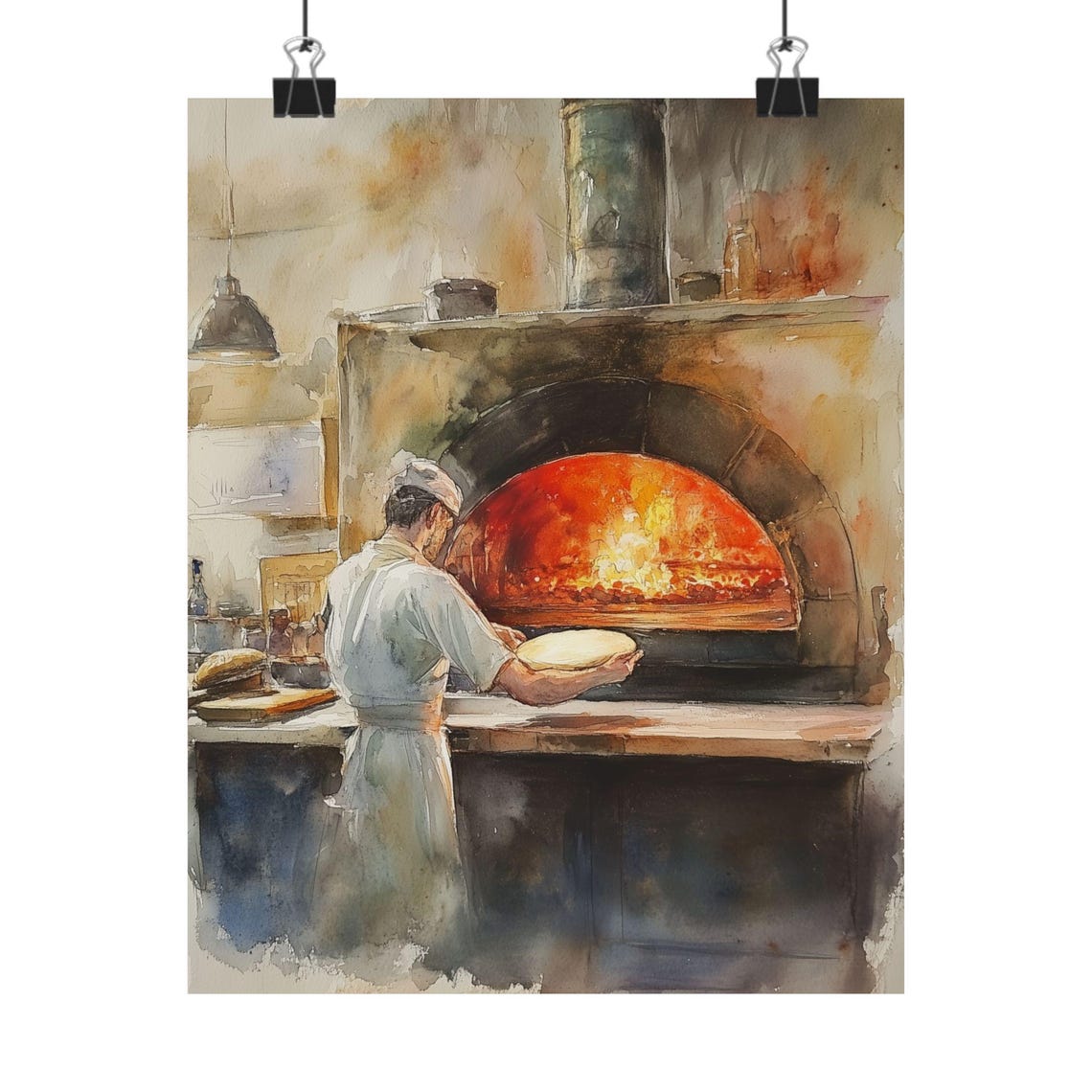 Italian Pizzaiolo Wood Fired Pizza Oven Kitchen Watercolor Poster