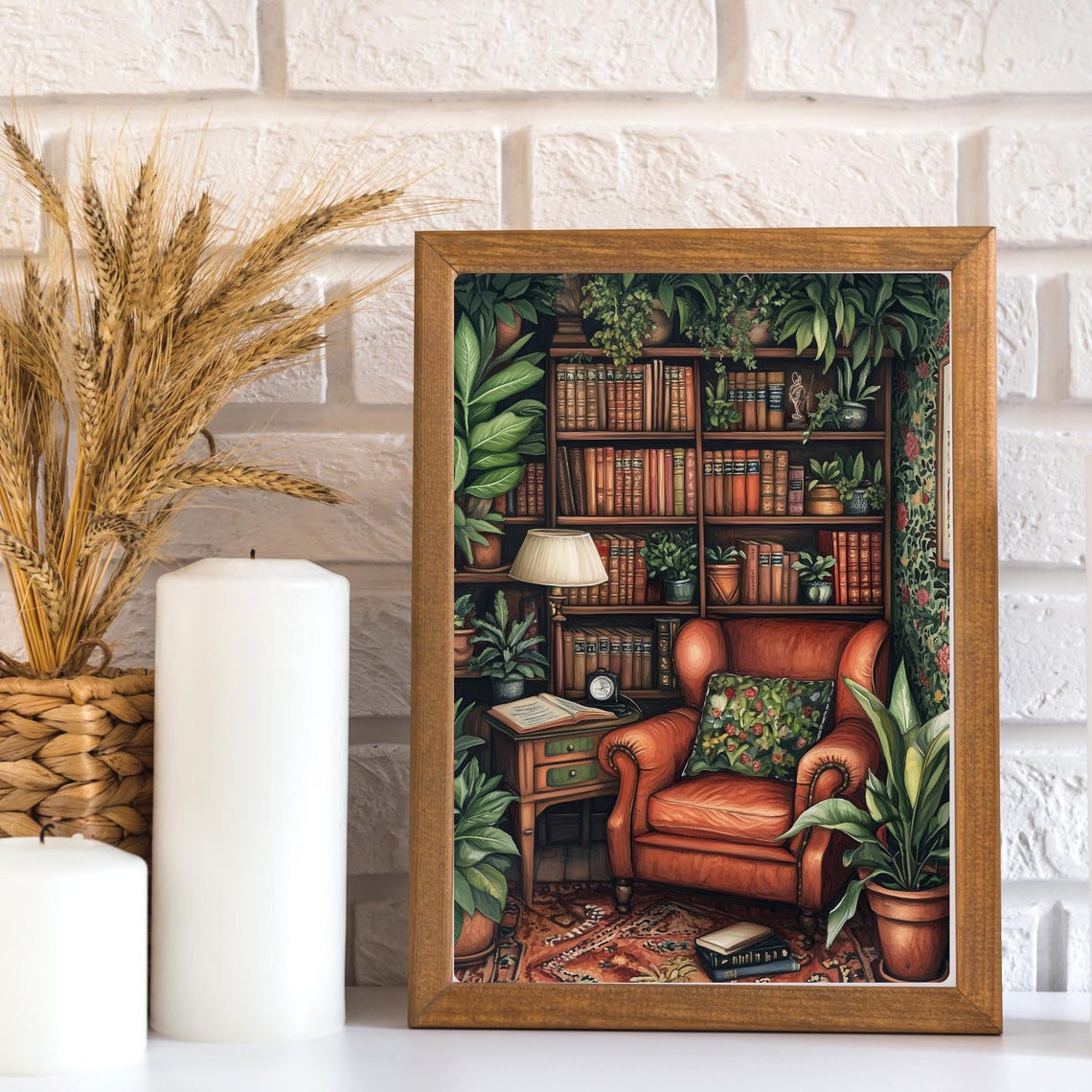 Botanical Reading Nook with a Leather Armchair and Books Print - Image 3