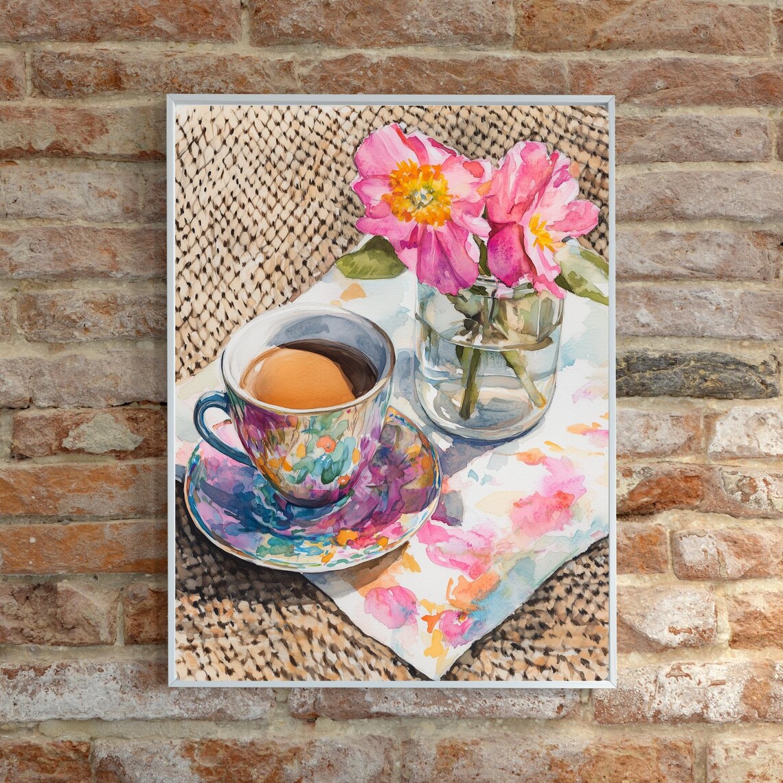 Floral Teacup Pink Cosmos Flowers Bright Watercolor Breakfast Poster - Image 6