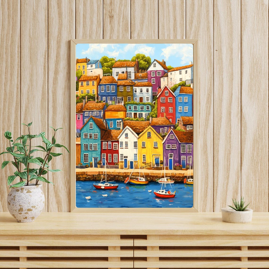 Colorful Harbor Town Houses with Sailboats Waterfront Poster - Image 4