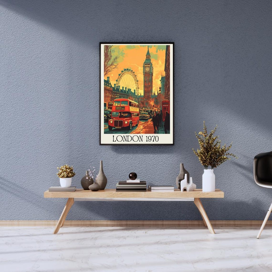London 1970 Retro Poster with Big Ben and Classic Double Decker Bus - Image 2