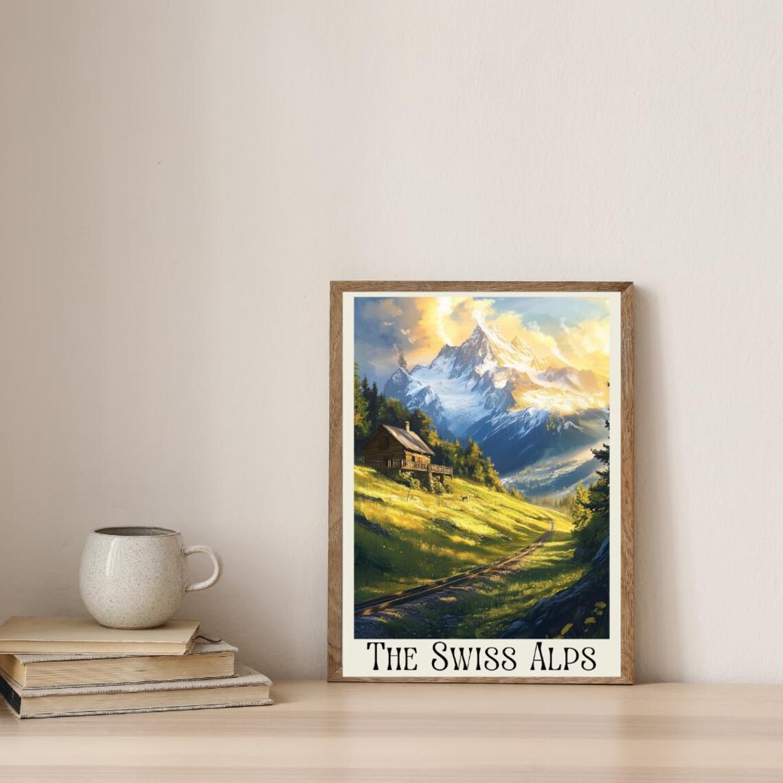 The Swiss Alps Poster with Mountain Cabin and Railway Valley - Image 4