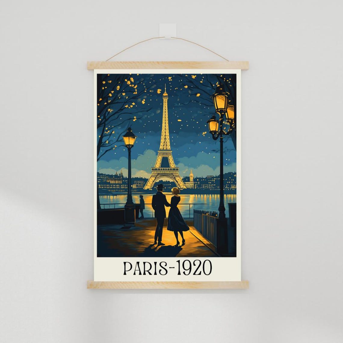Paris 1920 Retro Poster with Night Eiffel Tower and Strolling Couple - Image 3