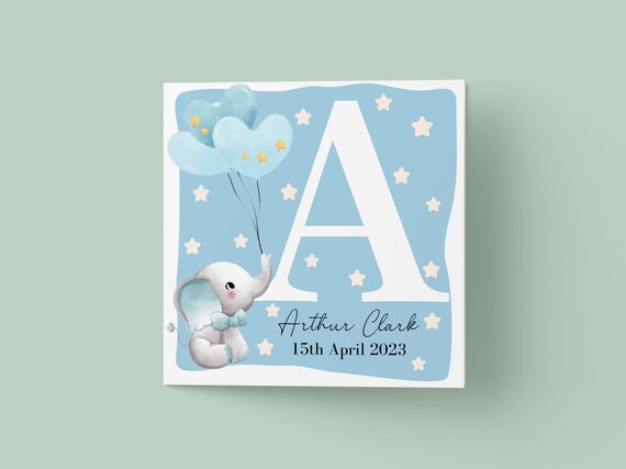 Personalized New Baby Boy Card With Elephant Balloons Initial and Name Print