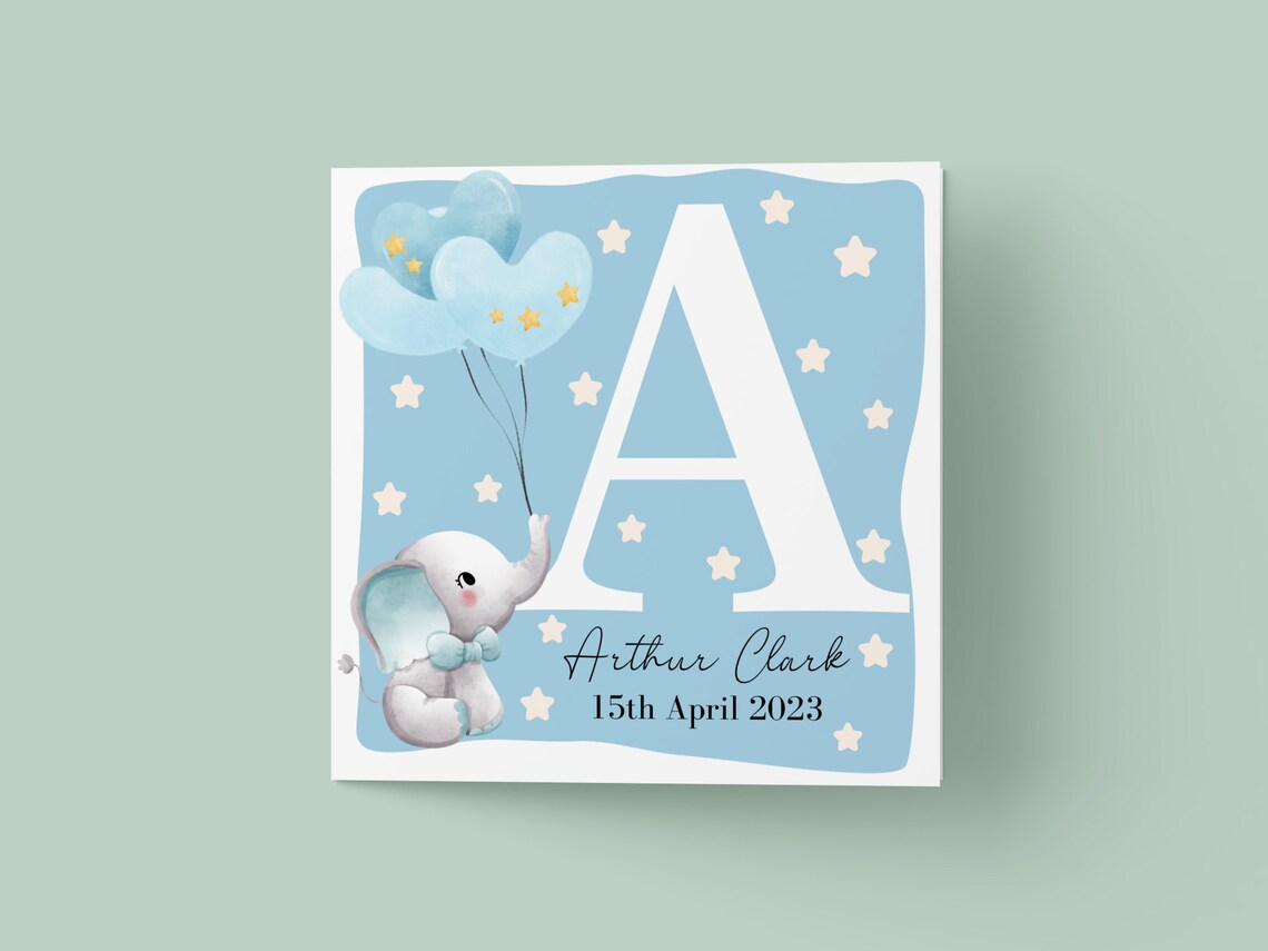 Personalized New Baby Boy Card With Elephant Balloons Initial and Name Print