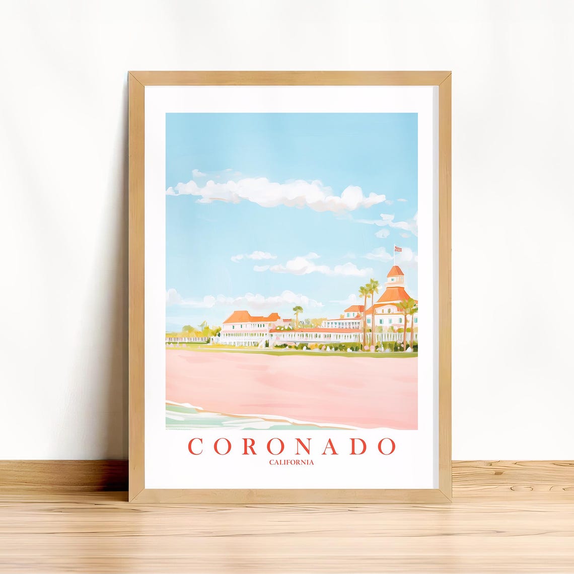 Coronado California Pink Beach Hotel Del Retro Travel Art Poster