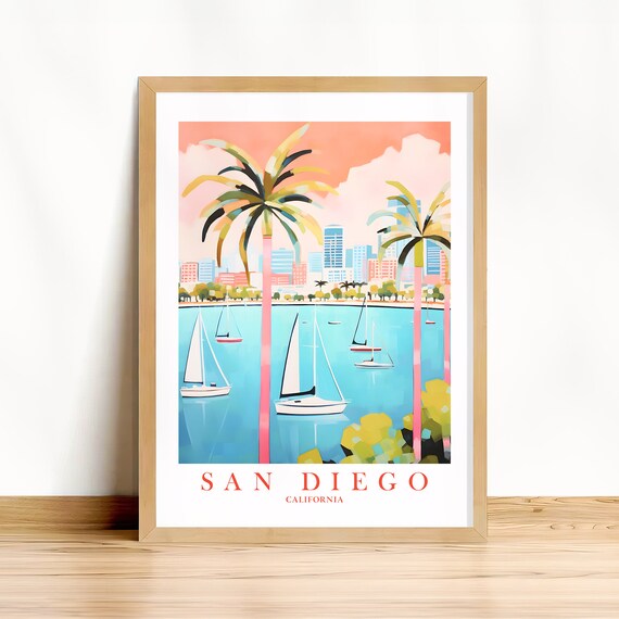 San Diego California Bay Sailboats Palm Trees Retro Travel Poster