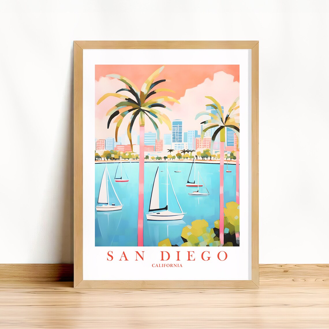 San Diego California Bay Sailboats Palm Trees Retro Travel Poster