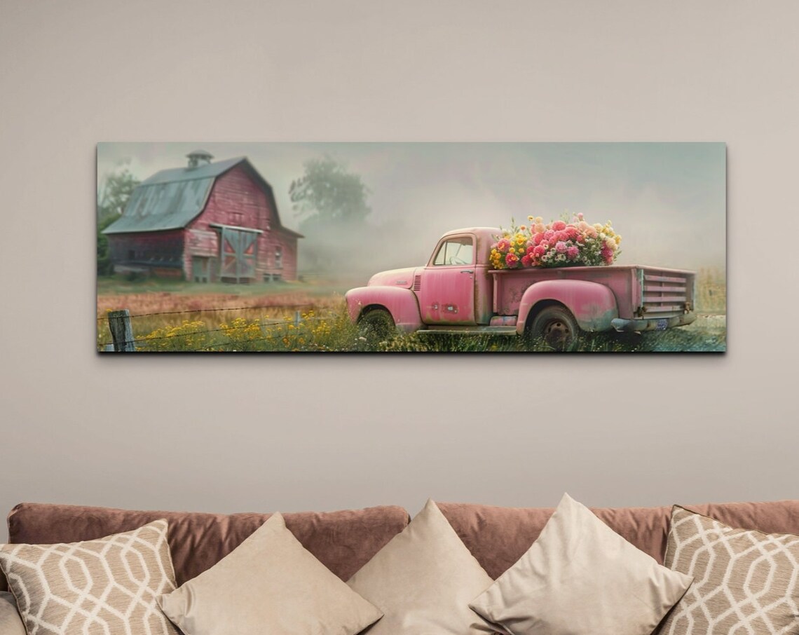 Vintage Pink Pickup Truck with Flowers by Red Barn Farm Poster