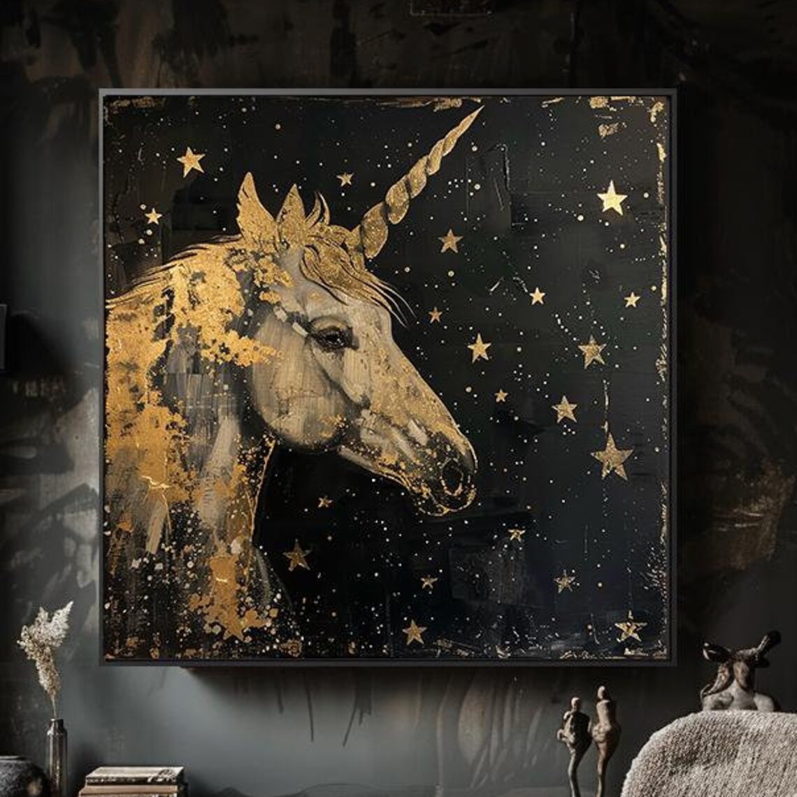 Unicorn Gold Sketch, Starry Night Sky Art Print