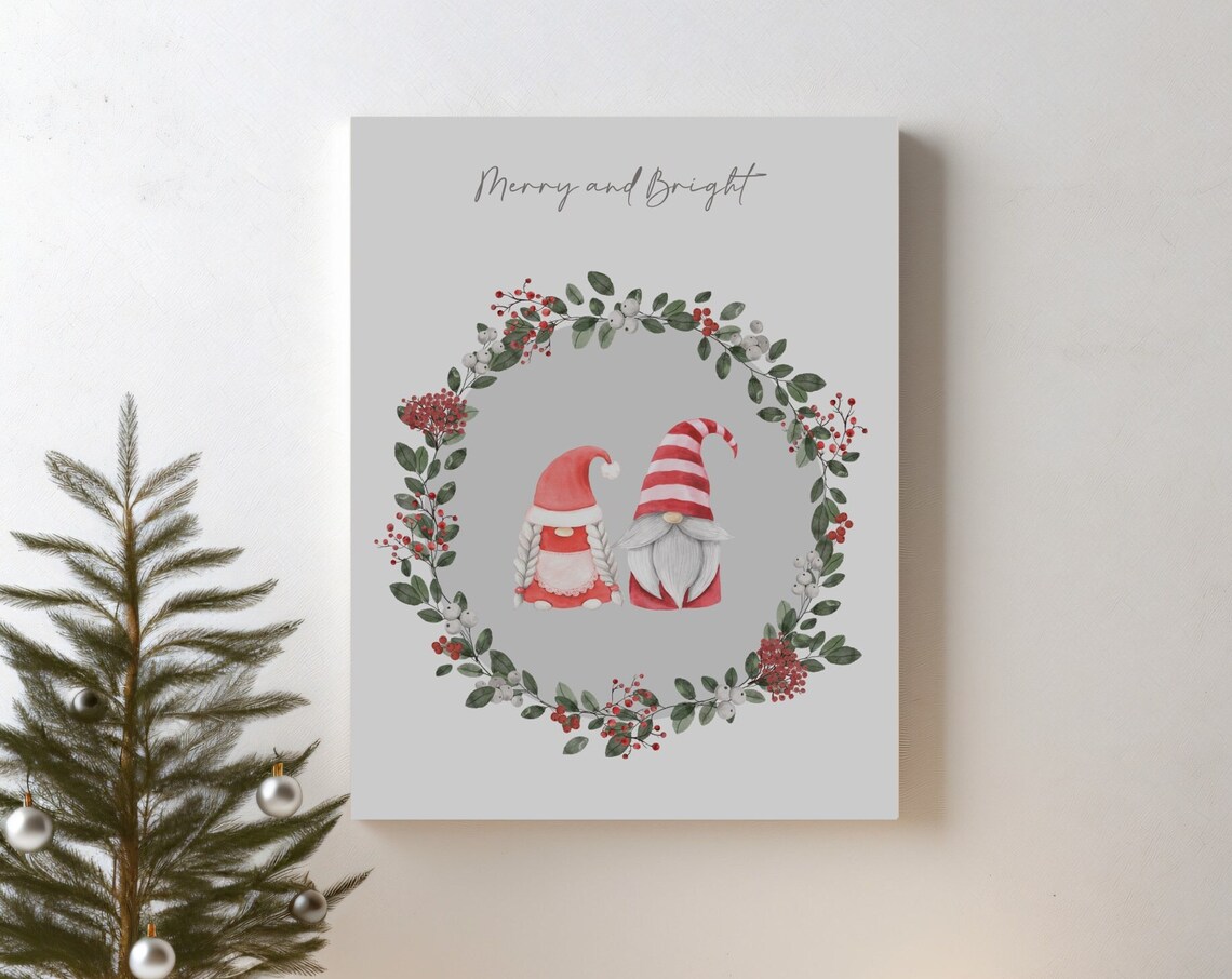 Merry And Bright Watercolour Gnome Couple Christmas Print