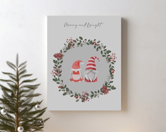 Merry And Bright Watercolour Gnome Couple Christmas Print
