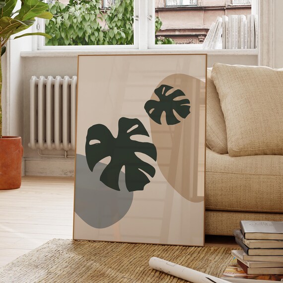 Dark Green Monstera Leaves Minimal Beige Abstract Art Poster