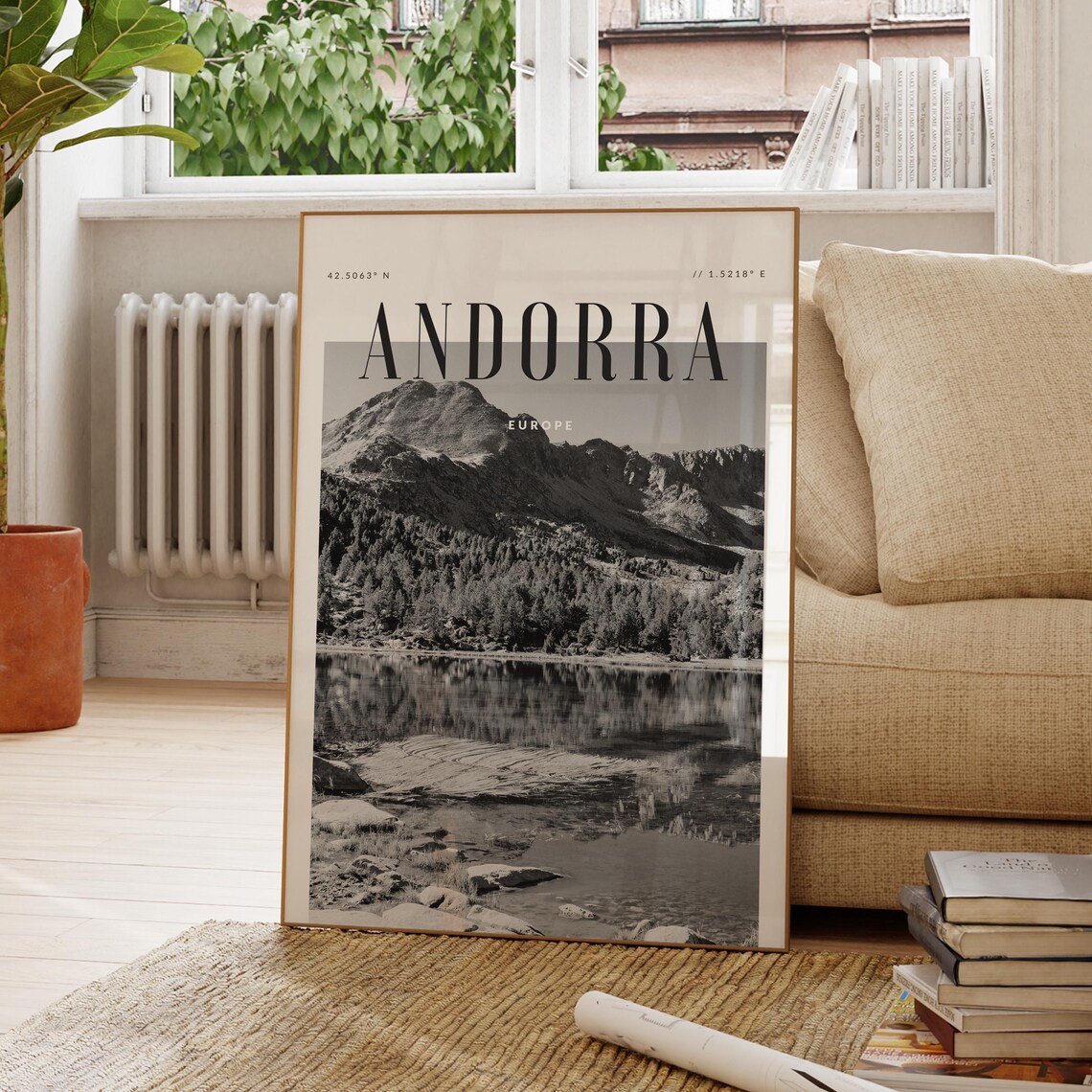 Andorra Europe Black And White Pyrenees Mountain Lake Reflection Travel Poster