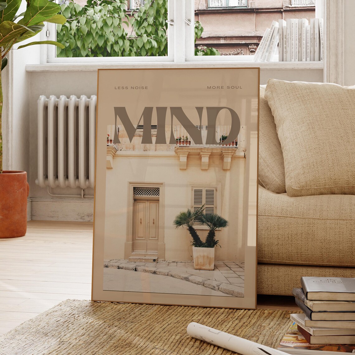 Less Noise More Soul Mind Beige Street Photo Typography Poster
