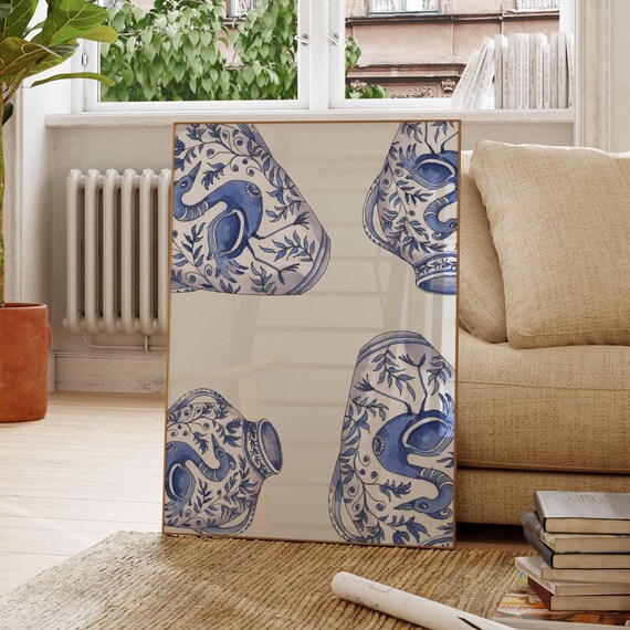 Chinoiserie Blue White Porcelain Vases Classic Ceramic Decor Poster