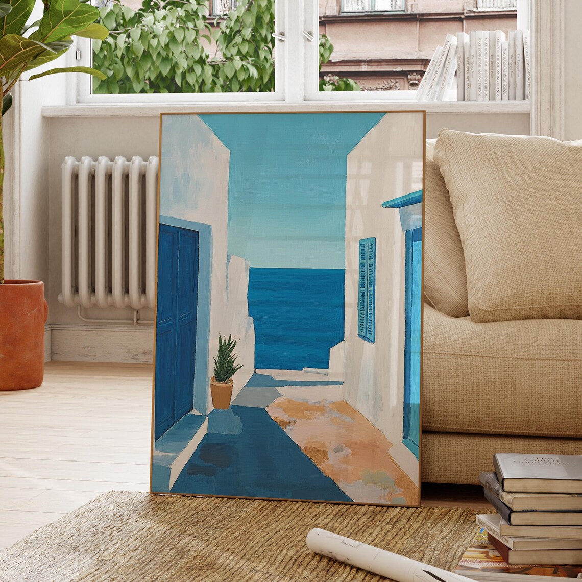 Greek Island Blue And White Alleyway Overlooking The Aegean Sea Poster