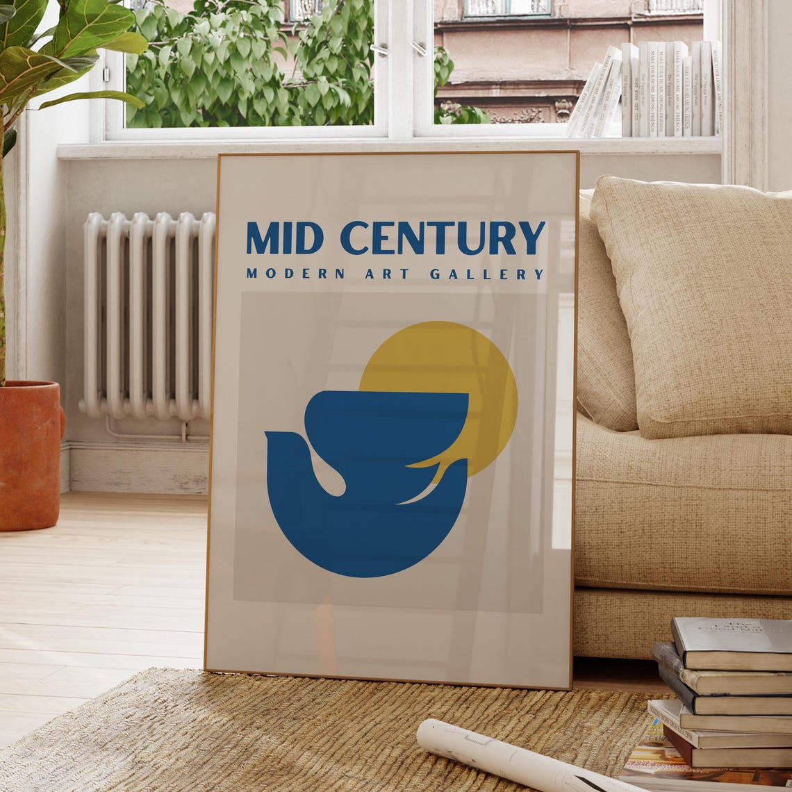 Mid Century Modern Art Gallery Abstract Bird Sun Beige Wall Poster