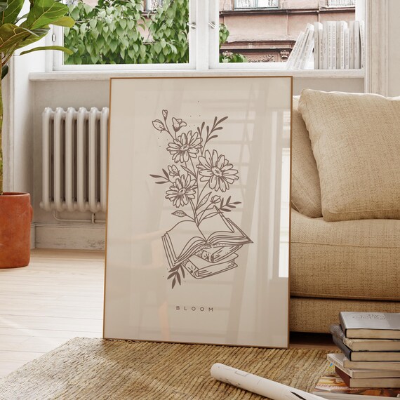 Bloom Flowers And Open Book Minimal Beige Botanical Line Art Poster